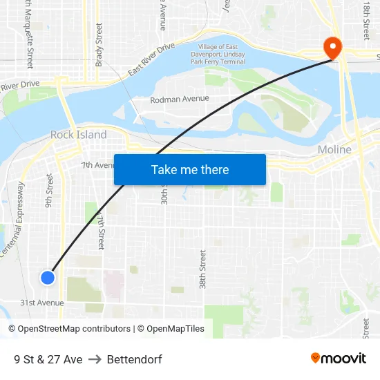 9 St & 27 Ave to Bettendorf map