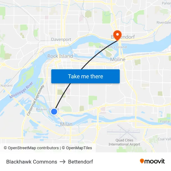 Blackhawk Commons to Bettendorf map