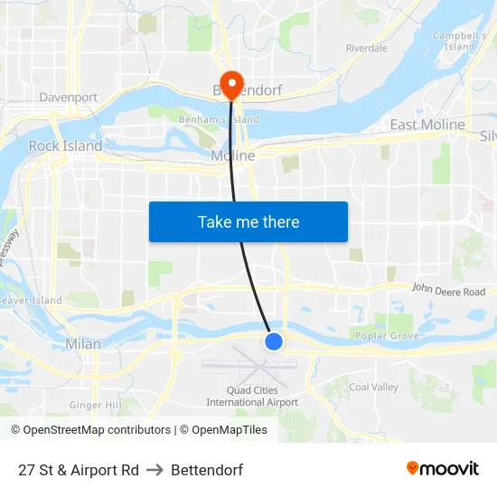 27 St & Airport Rd to Bettendorf map