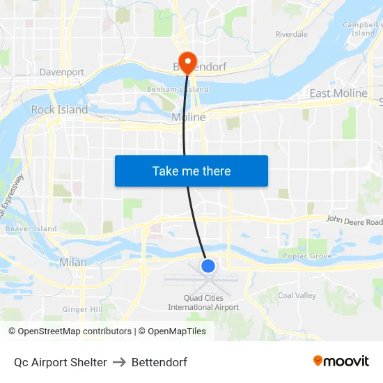 Qc Airport Shelter to Bettendorf map