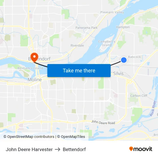 John Deere Harvester to Bettendorf map