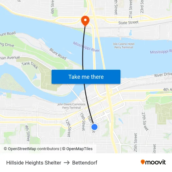 Hillside Heights Shelter to Bettendorf map