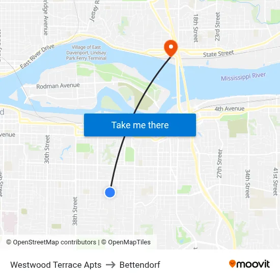 Westwood Terrace Apts to Bettendorf map