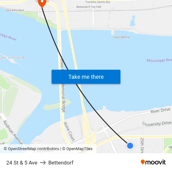 24 St & 5 Ave to Bettendorf map