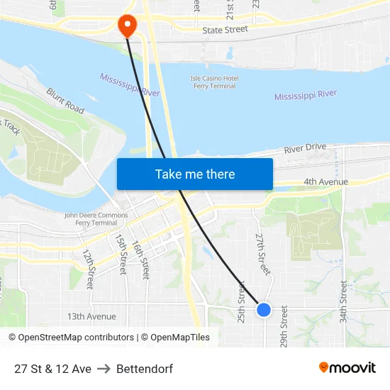 27 St & 12 Ave to Bettendorf map