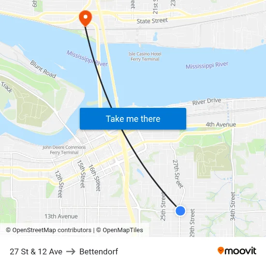 27 St & 12 Ave to Bettendorf map