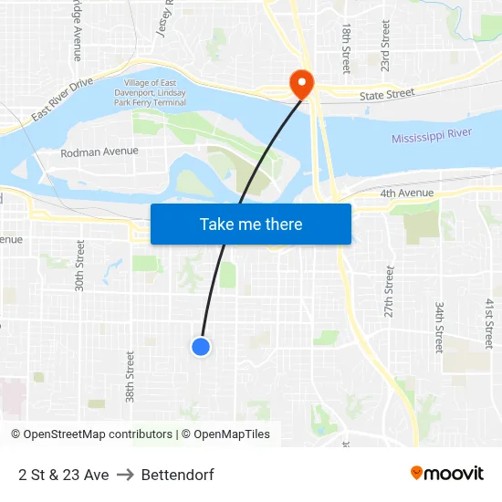 2 St & 23 Ave to Bettendorf map