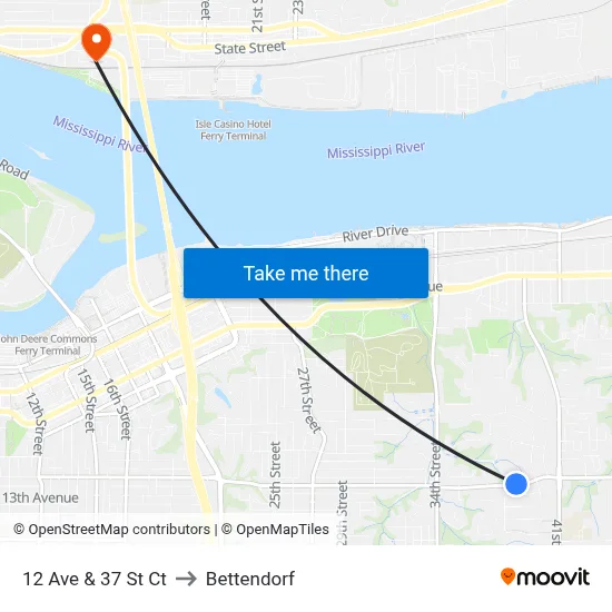 12 Ave & 37 St Ct to Bettendorf map