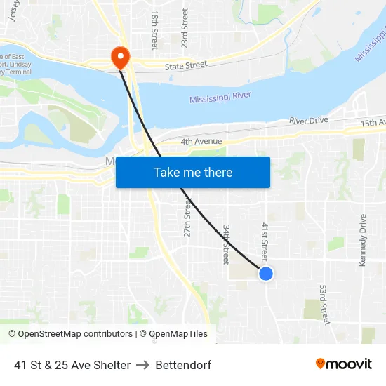 41 St & 25 Ave Shelter to Bettendorf map