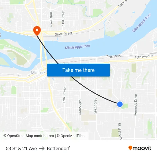 53 St & 21 Ave to Bettendorf map