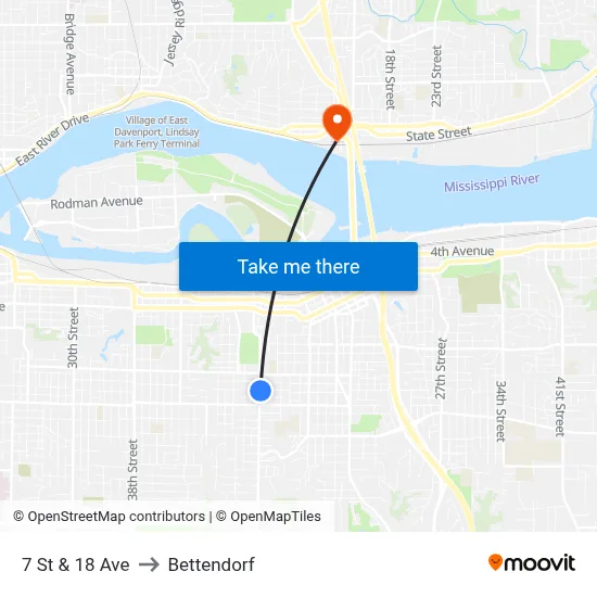 7 St & 18 Ave to Bettendorf map