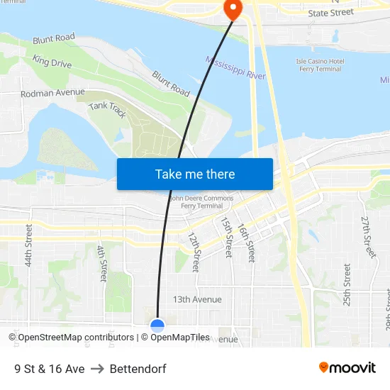 9 St & 16 Ave to Bettendorf map
