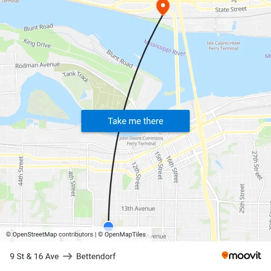 9 St & 16 Ave to Bettendorf map