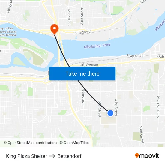 King Plaza Shelter to Bettendorf map