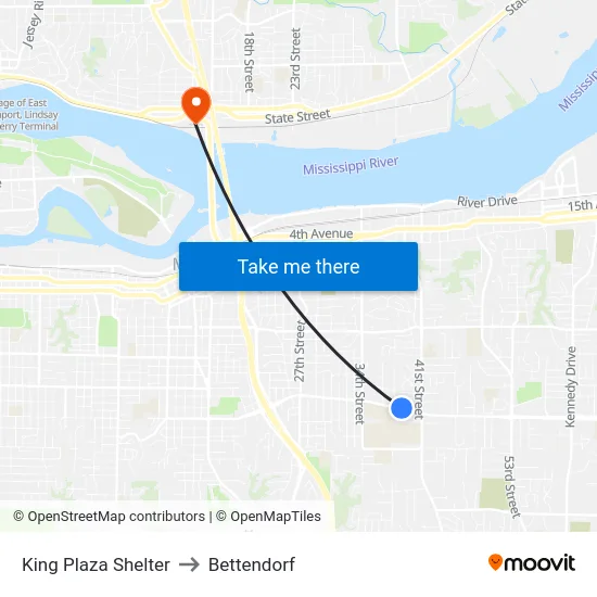 King Plaza Shelter to Bettendorf map