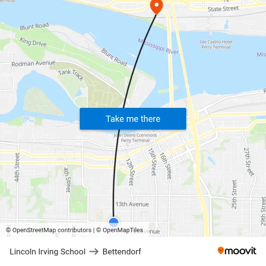 Lincoln Irving School to Bettendorf map