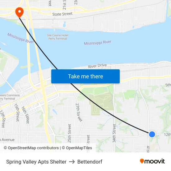 Spring Valley Apts Shelter to Bettendorf map