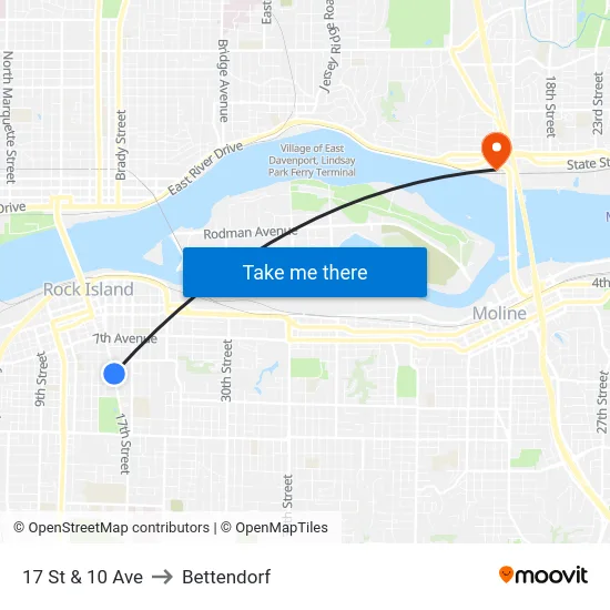 17 St & 10 Ave to Bettendorf map