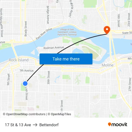 17 St & 13 Ave to Bettendorf map