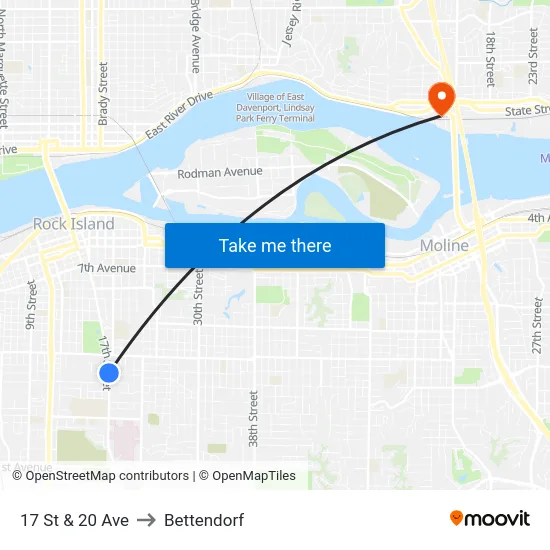 17 St & 20 Ave to Bettendorf map