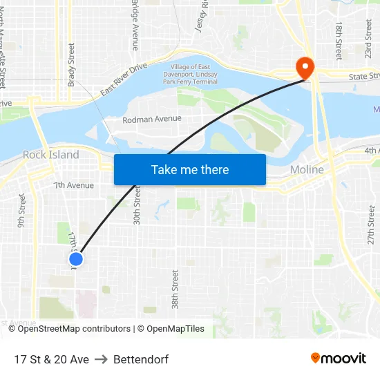 17 St & 20 Ave to Bettendorf map