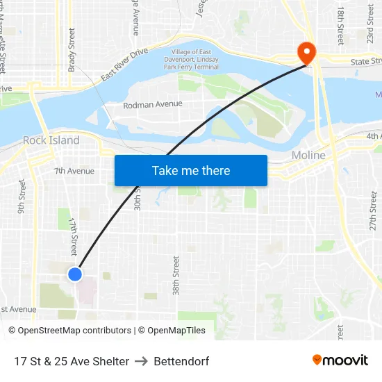 17 St & 25 Ave Shelter to Bettendorf map