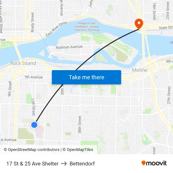 17 St & 25 Ave Shelter to Bettendorf map