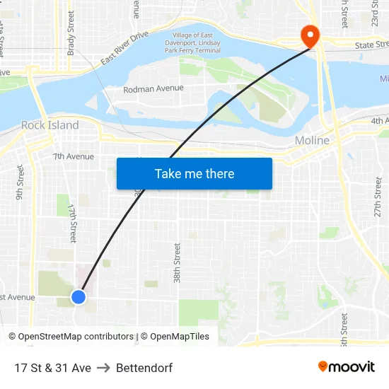 17 St & 31 Ave to Bettendorf map