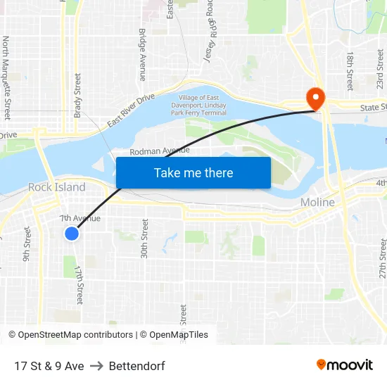 17 St & 9 Ave to Bettendorf map