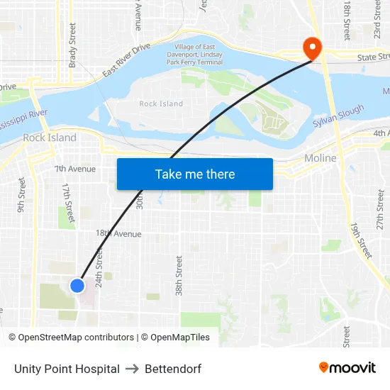 Unity Point Hospital to Bettendorf map