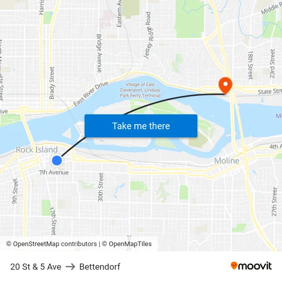 20 St & 5 Ave to Bettendorf map