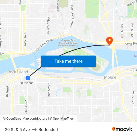 20 St & 5 Ave to Bettendorf map