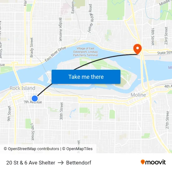 20 St & 6 Ave Shelter to Bettendorf map
