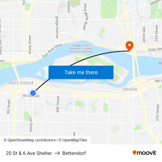 20 St & 6 Ave Shelter to Bettendorf map