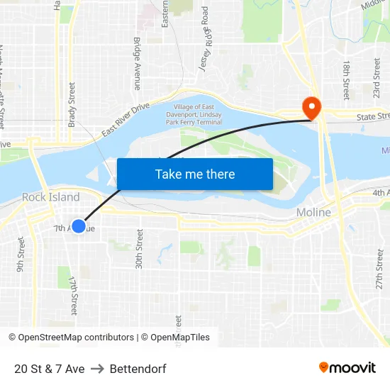 20 St & 7 Ave to Bettendorf map