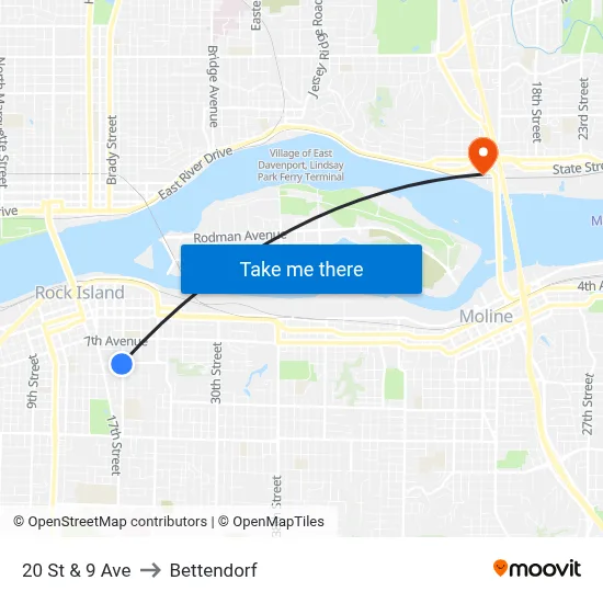 20 St & 9 Ave to Bettendorf map