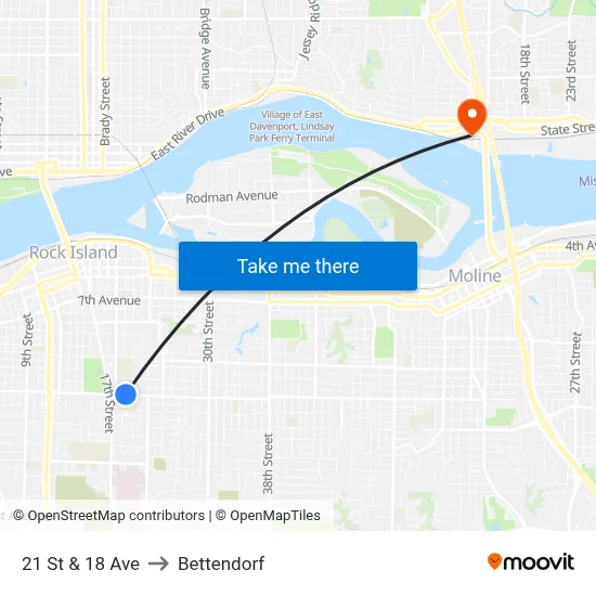 21 St & 18 Ave to Bettendorf map