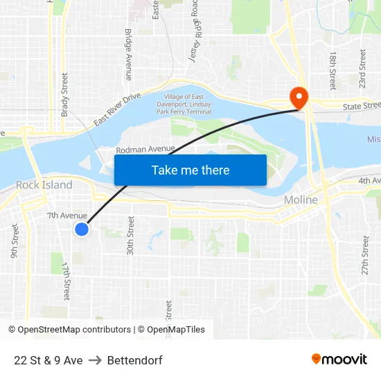 22 St & 9 Ave to Bettendorf map