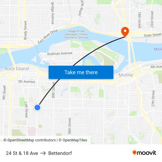 24 St & 18 Ave to Bettendorf map