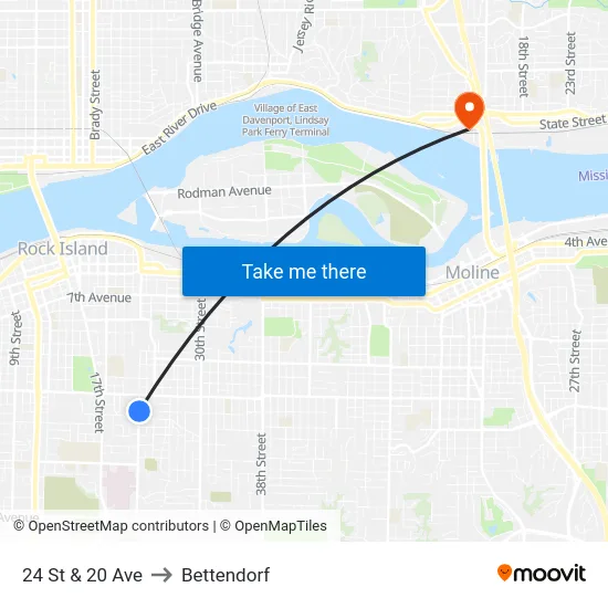 24 St & 20 Ave to Bettendorf map