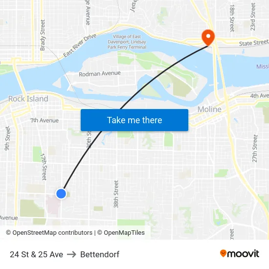 24 St & 25 Ave to Bettendorf map