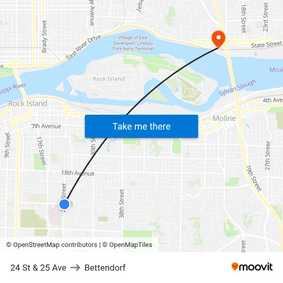 24 St & 25 Ave to Bettendorf map