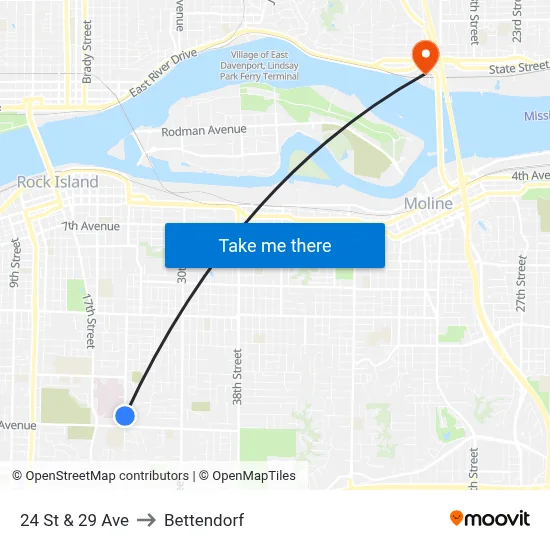 24 St & 29 Ave to Bettendorf map