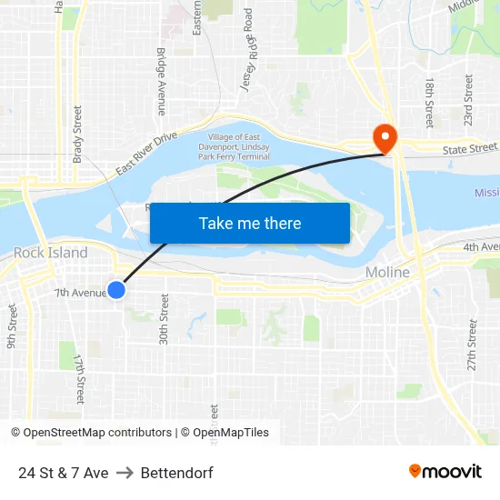 24 St & 7 Ave to Bettendorf map