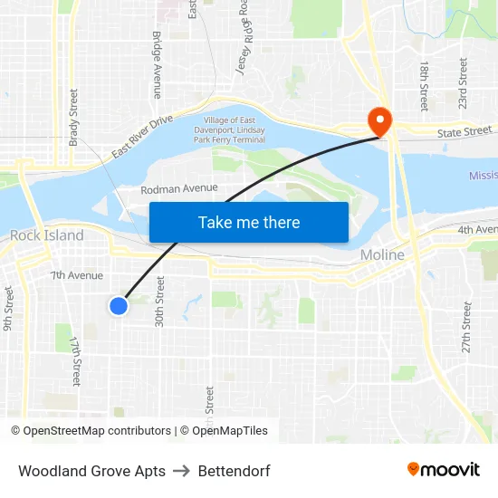Woodland Grove Apts to Bettendorf map