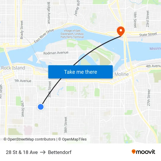 28 St & 18 Ave to Bettendorf map