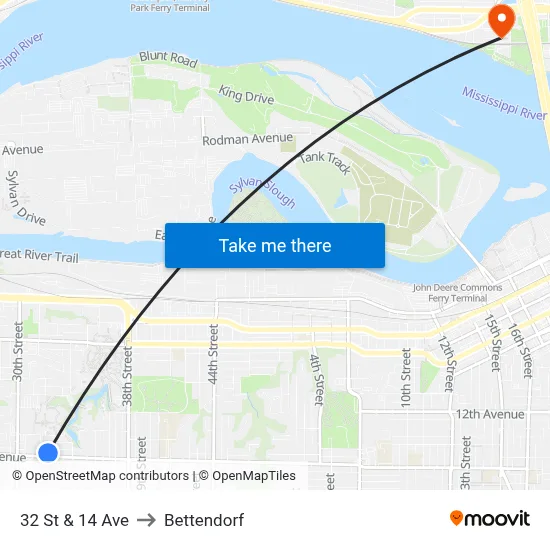 32 St & 14 Ave to Bettendorf map