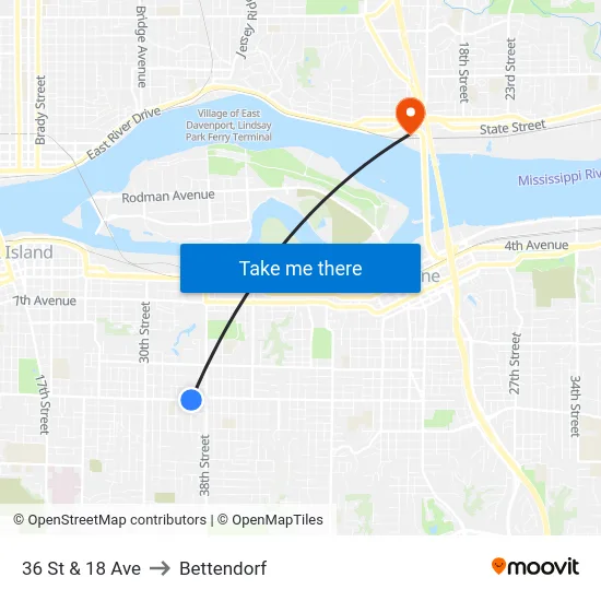 36 St & 18 Ave to Bettendorf map