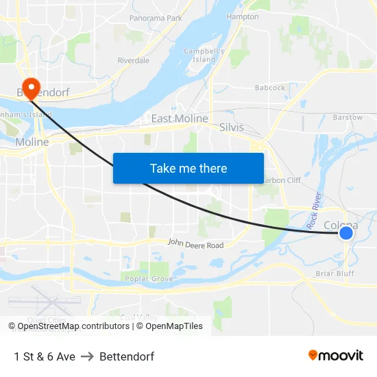1 St & 6 Ave to Bettendorf map