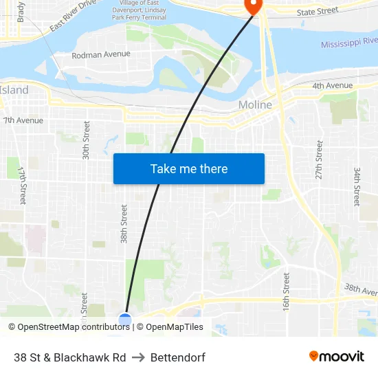 38 St & Blackhawk Rd to Bettendorf map